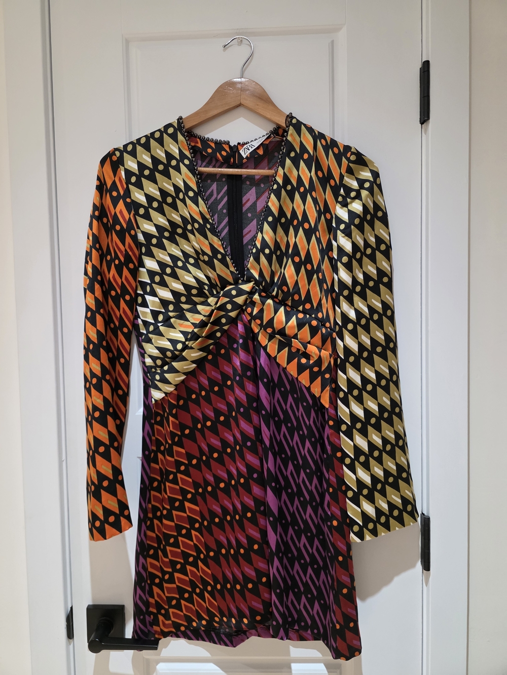 Zara Long Sleeve Knot-Front Geometric Print Dress in Orange, Purple, Black, Gold
